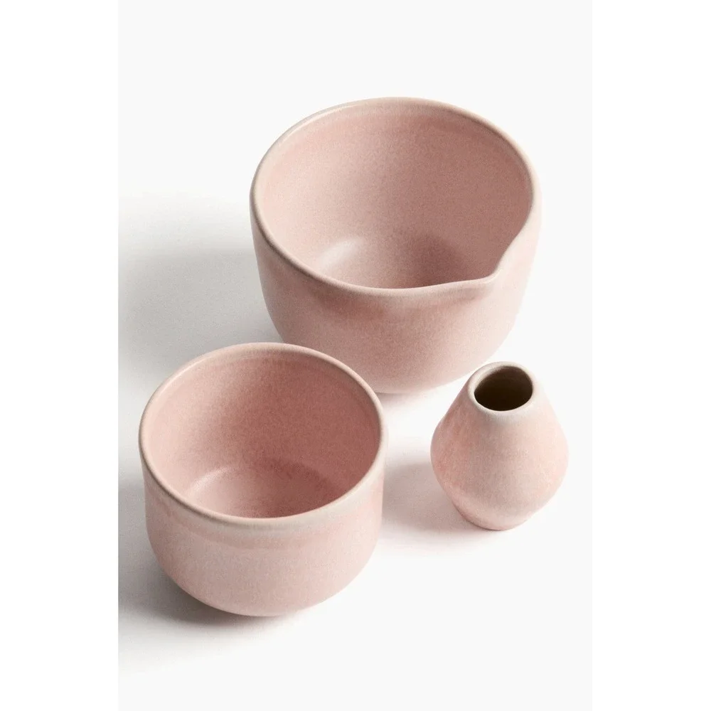 STONEWARE MATCHA SET 3 Pieces Light Pink Ceramic Spouted Bowl‎ Tea Cup Whisk